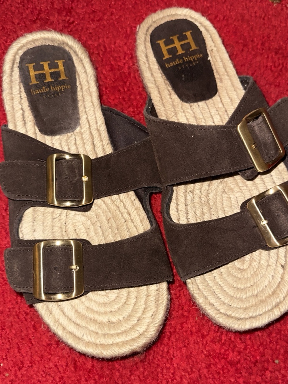Haute Hippie Dark Brown Suede Double Buckle Slide Sandals